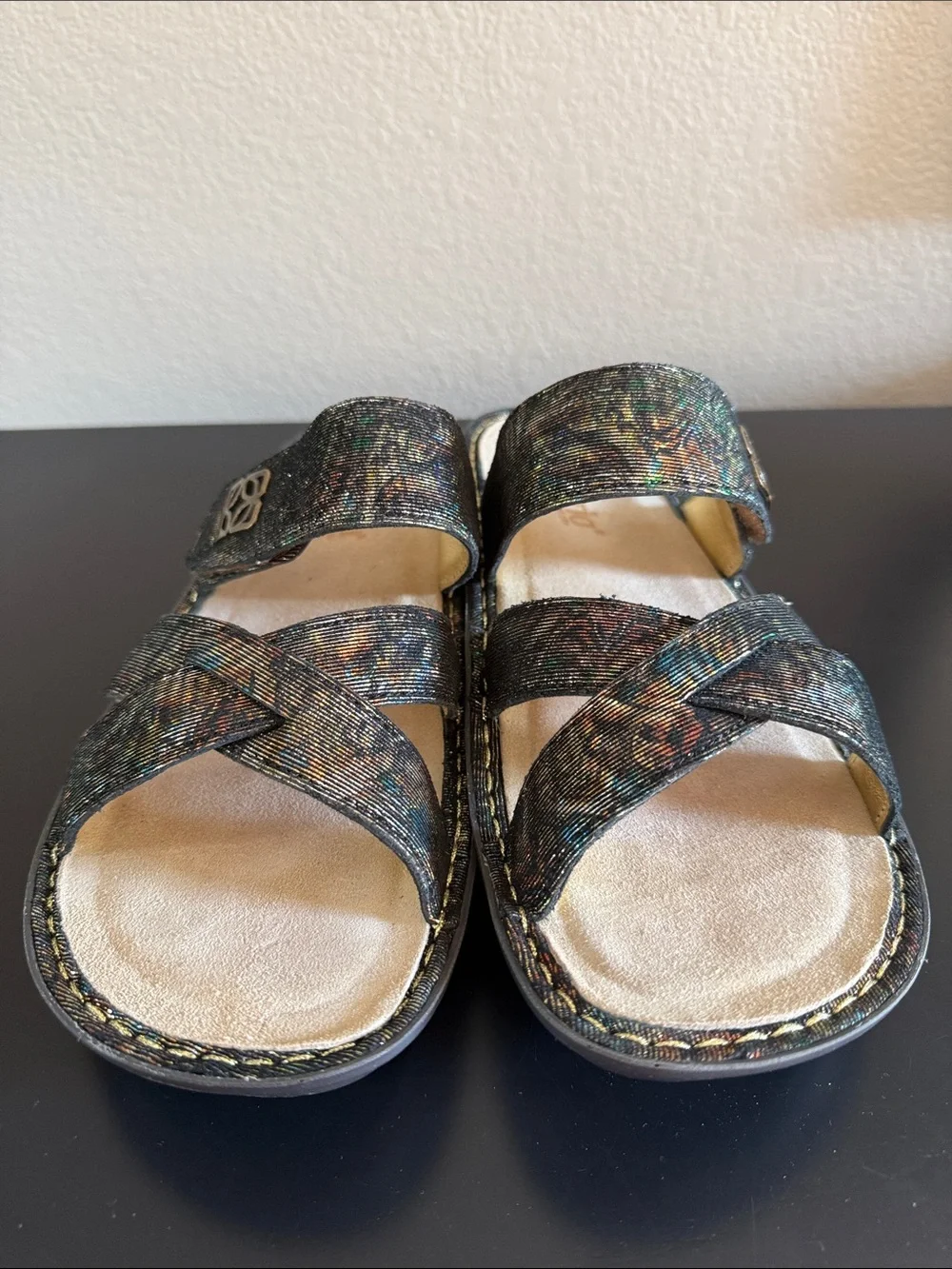 Alegria Women’s Metallic Multi-Color Cross-Strap Slide Sandals